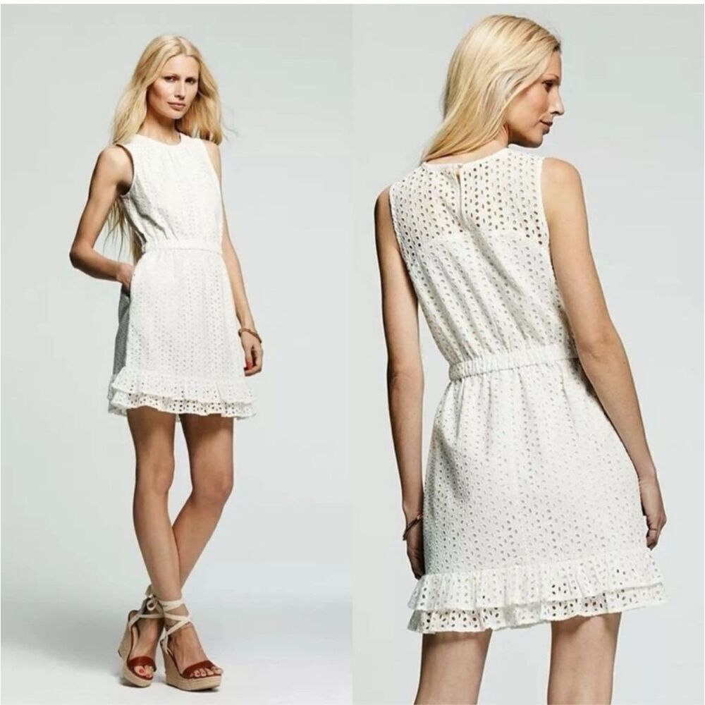 Peter Som Dress White Midi Eyelet Sleeveless 100% Cotton Pockets Size 8